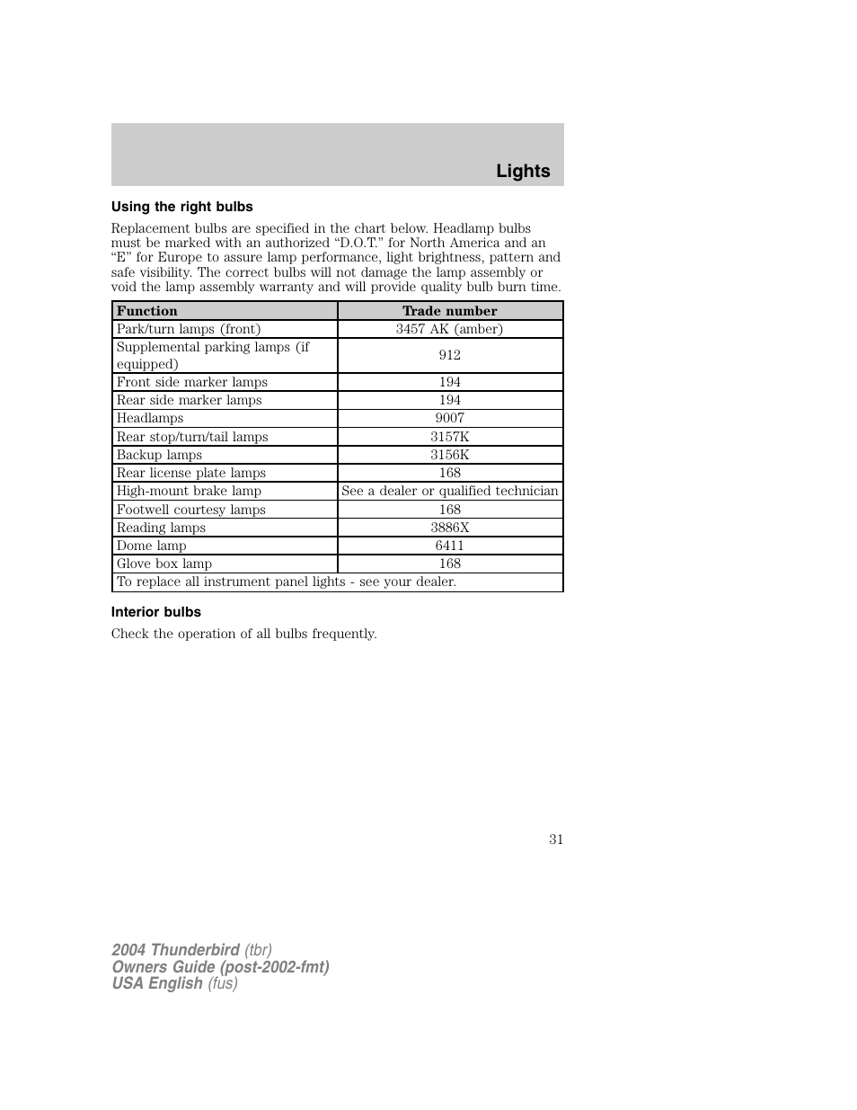 Lights | FORD 2004 Thunderbird v.1 User Manual | Page 31 / 216