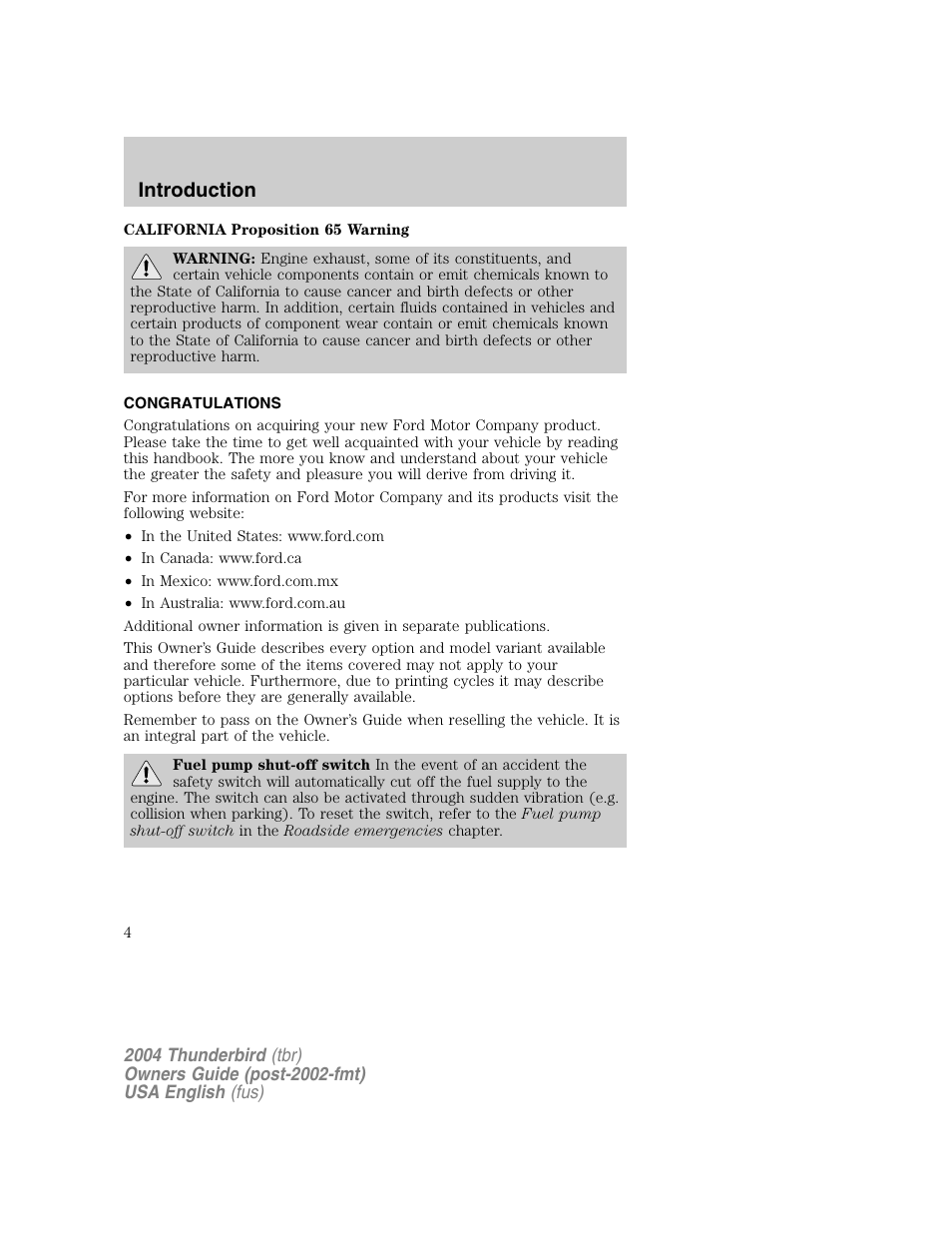 Introduction | FORD 2004 Thunderbird v.1 User Manual | Page 4 / 216