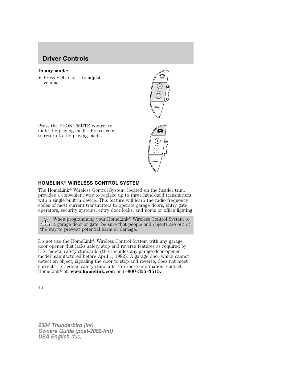 Driver controls | FORD 2004 Thunderbird v.1 User Manual | Page 46 / 216