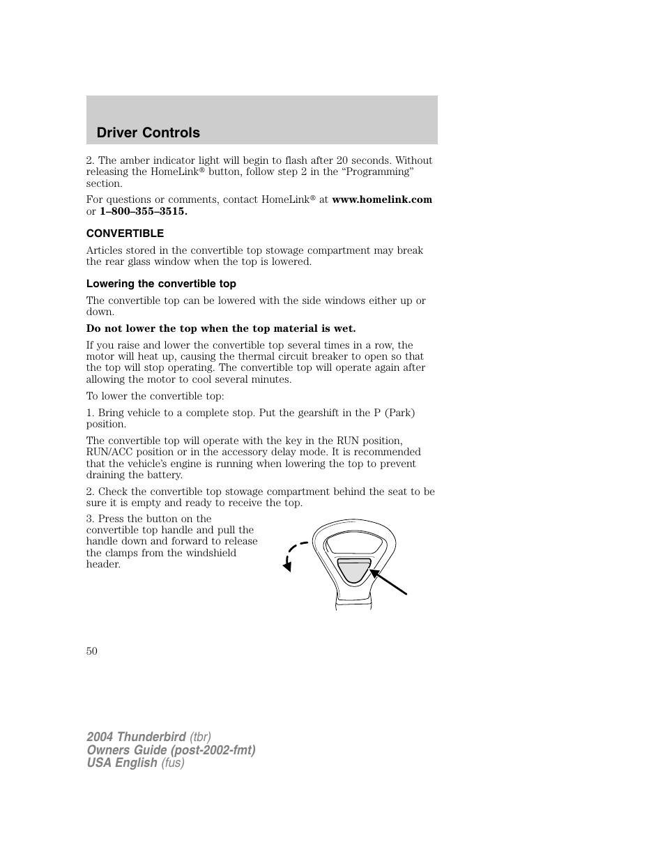 Driver controls | FORD 2004 Thunderbird v.1 User Manual | Page 50 / 216