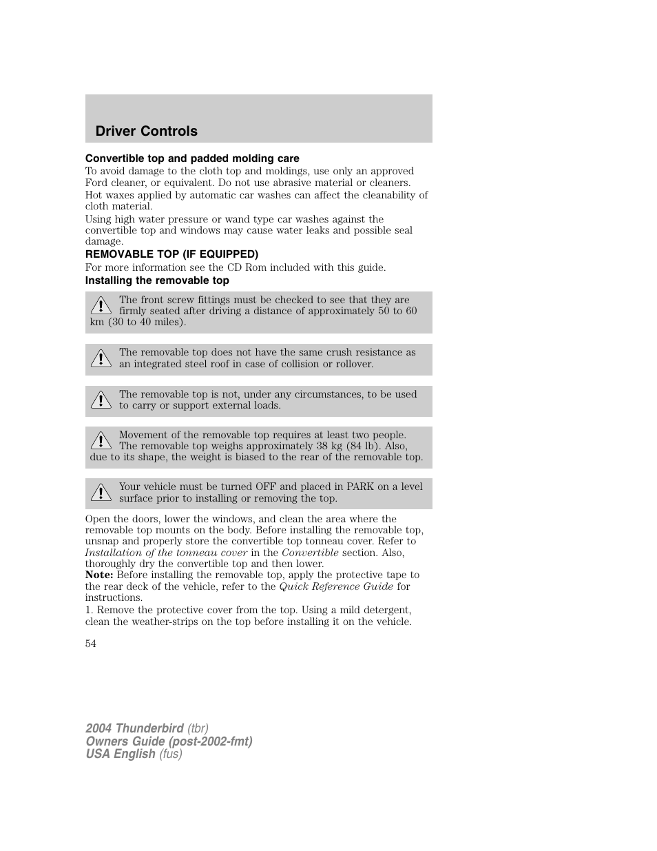 Driver controls | FORD 2004 Thunderbird v.1 User Manual | Page 54 / 216