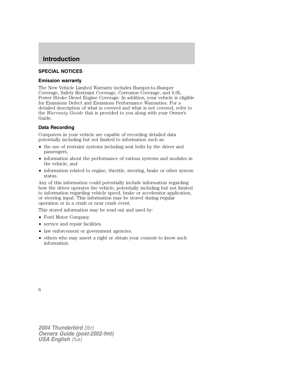 Introduction | FORD 2004 Thunderbird v.1 User Manual | Page 6 / 216