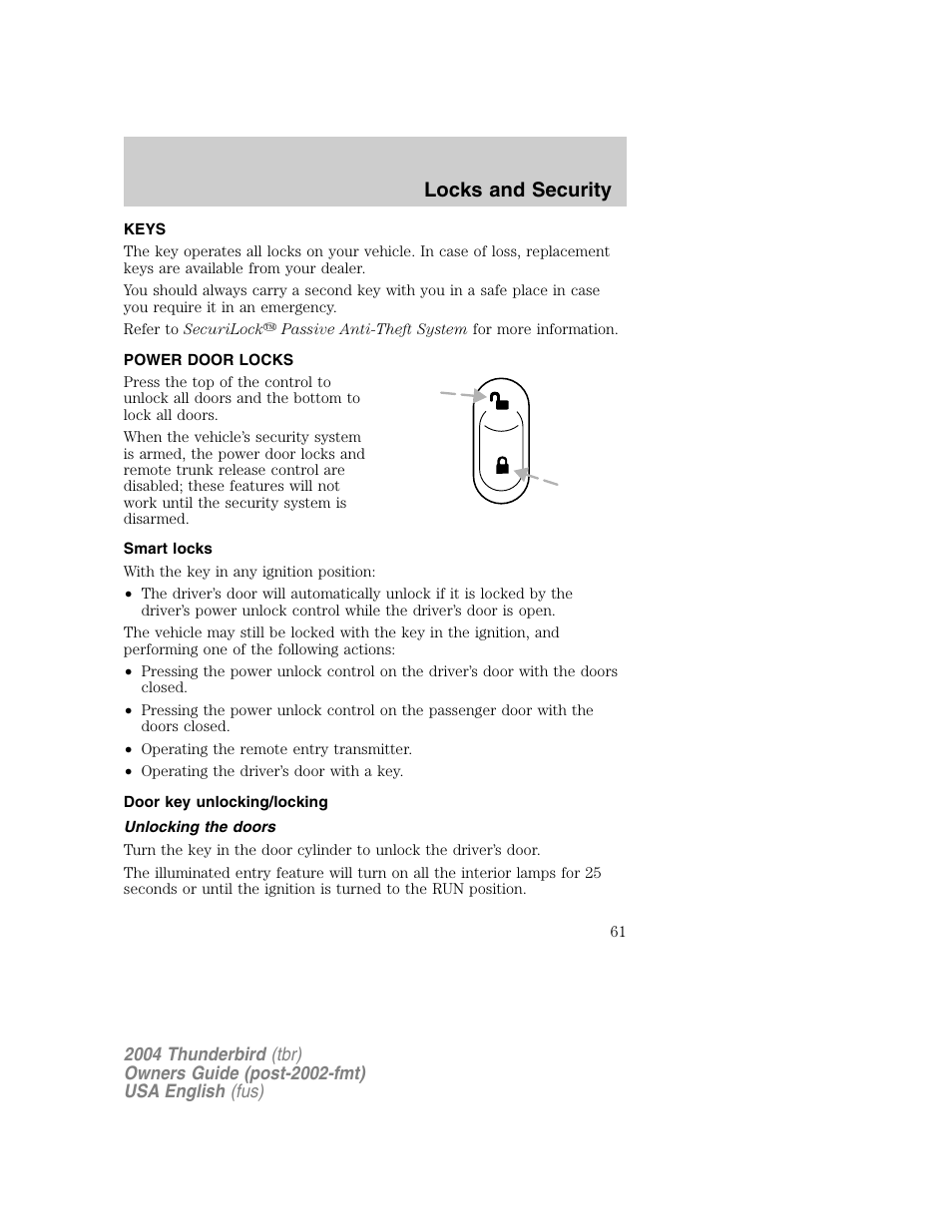 Locks and security | FORD 2004 Thunderbird v.1 User Manual | Page 61 / 216