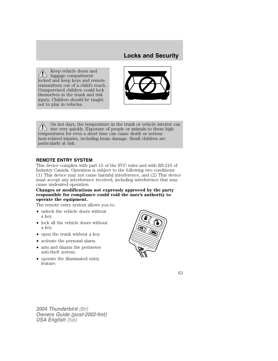 Locks and security | FORD 2004 Thunderbird v.1 User Manual | Page 63 / 216