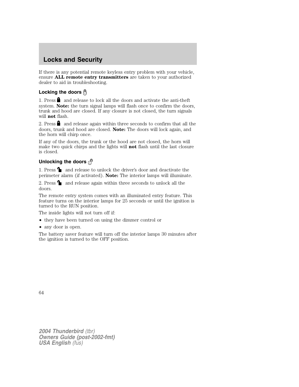Locks and security | FORD 2004 Thunderbird v.1 User Manual | Page 64 / 216