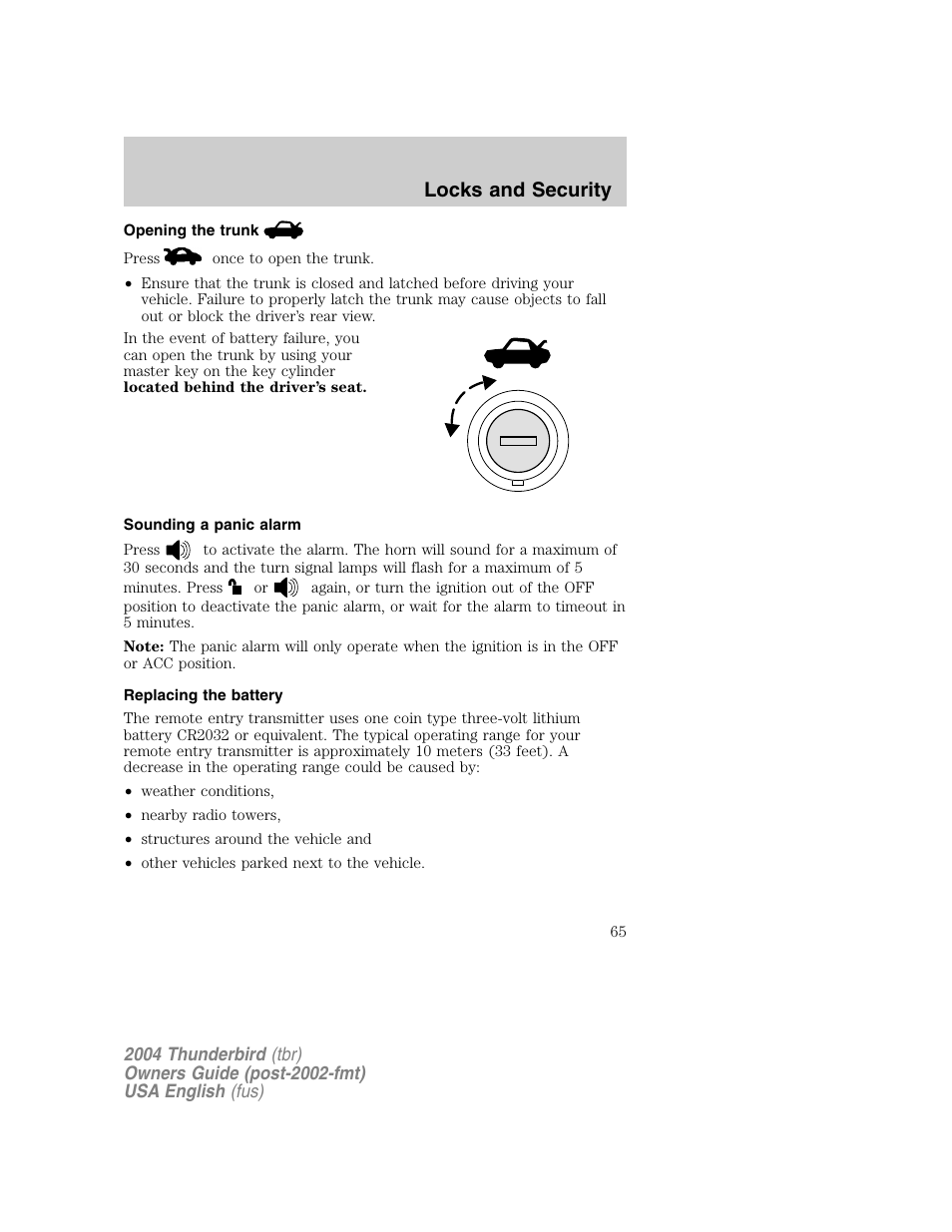 Locks and security | FORD 2004 Thunderbird v.1 User Manual | Page 65 / 216