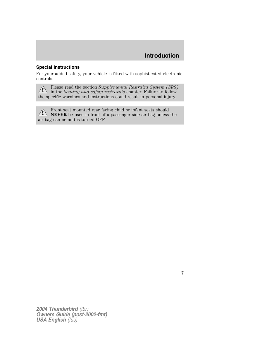 Introduction | FORD 2004 Thunderbird v.1 User Manual | Page 7 / 216
