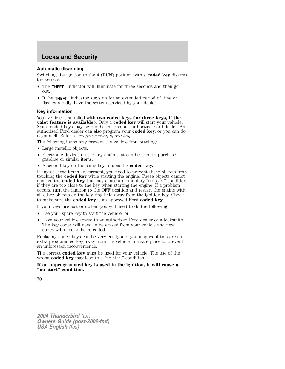 Locks and security | FORD 2004 Thunderbird v.1 User Manual | Page 70 / 216