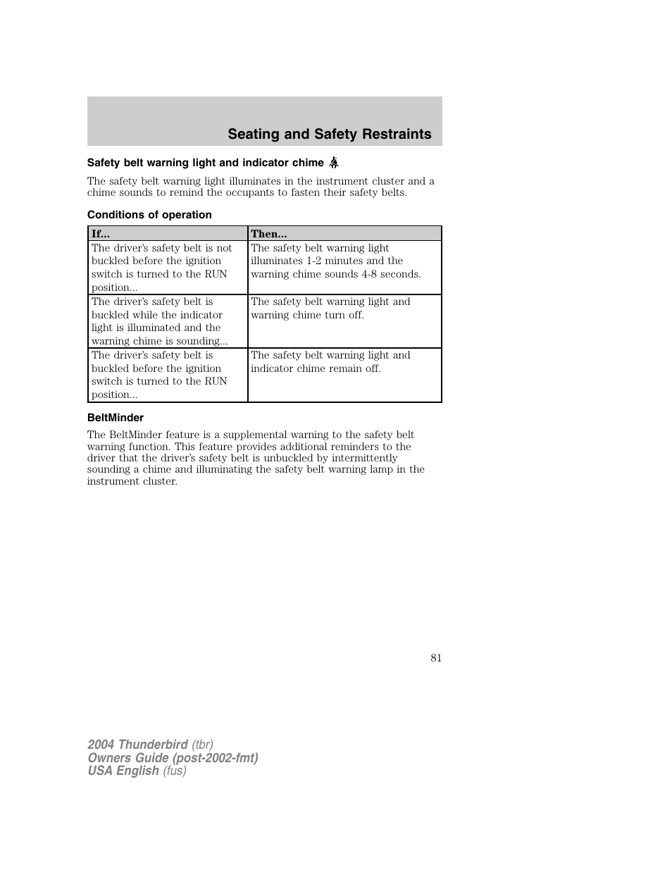Seating and safety restraints | FORD 2004 Thunderbird v.1 User Manual | Page 81 / 216