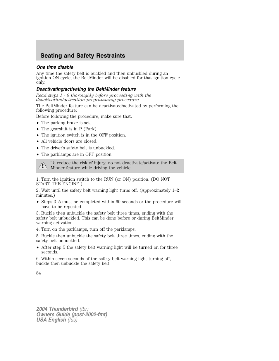 Seating and safety restraints | FORD 2004 Thunderbird v.1 User Manual | Page 84 / 216