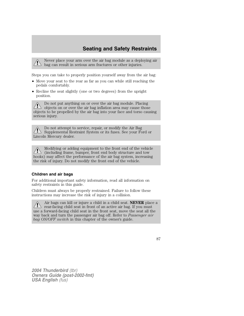 Seating and safety restraints | FORD 2004 Thunderbird v.1 User Manual | Page 87 / 216