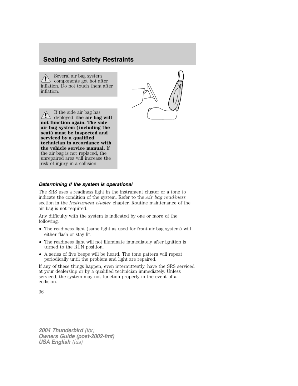 Seating and safety restraints | FORD 2004 Thunderbird v.1 User Manual | Page 96 / 216