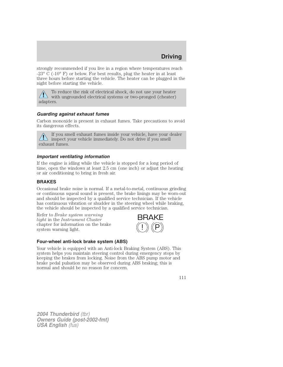 P! brake | FORD 2004 Thunderbird v.2 User Manual | Page 111 / 224
