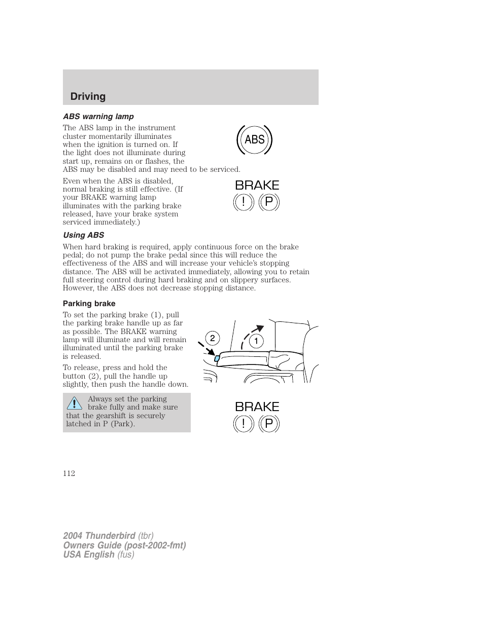 Abs p ! brake p ! brake | FORD 2004 Thunderbird v.2 User Manual | Page 112 / 224