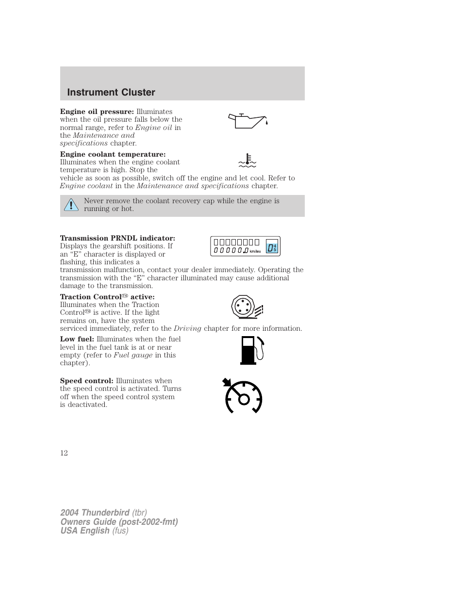 Instrument cluster | FORD 2004 Thunderbird v.2 User Manual | Page 12 / 224