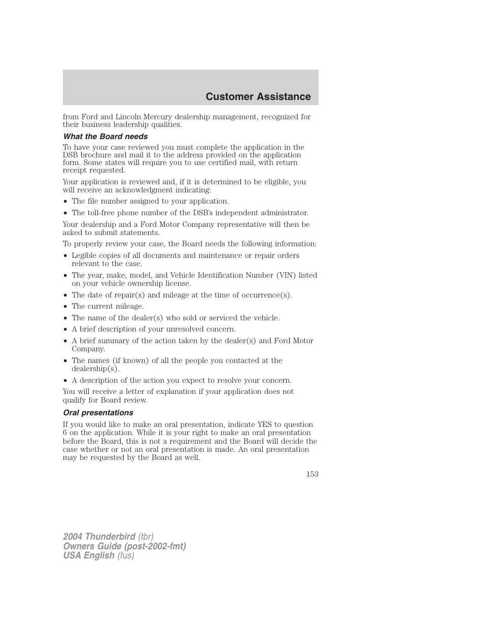 Customer assistance | FORD 2004 Thunderbird v.2 User Manual | Page 153 / 224