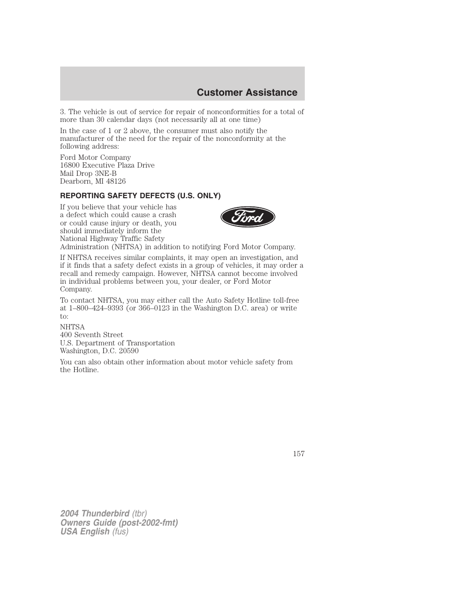 Customer assistance | FORD 2004 Thunderbird v.2 User Manual | Page 157 / 224