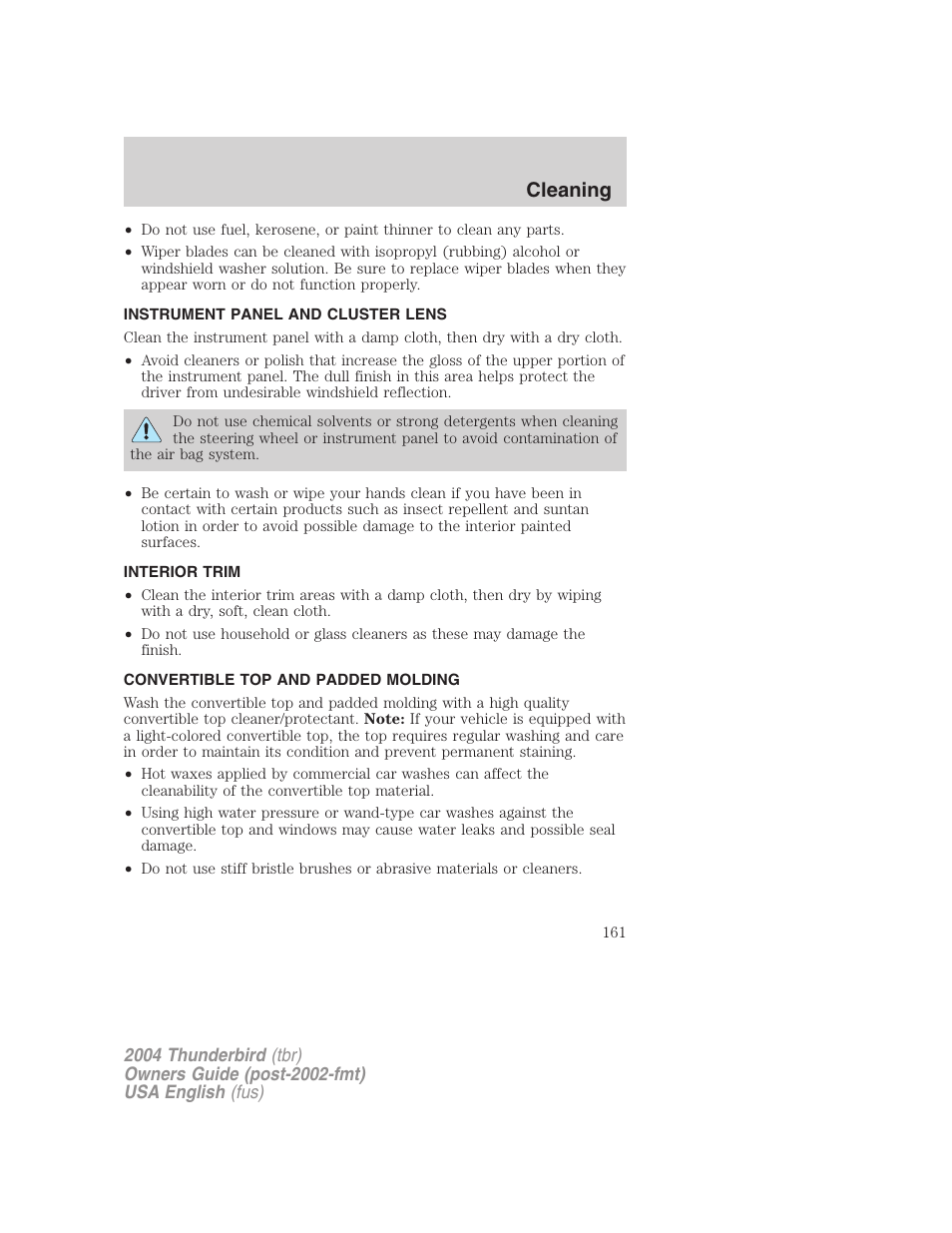Cleaning | FORD 2004 Thunderbird v.2 User Manual | Page 161 / 224