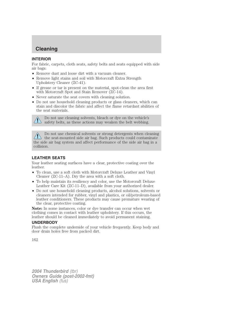 Cleaning | FORD 2004 Thunderbird v.2 User Manual | Page 162 / 224