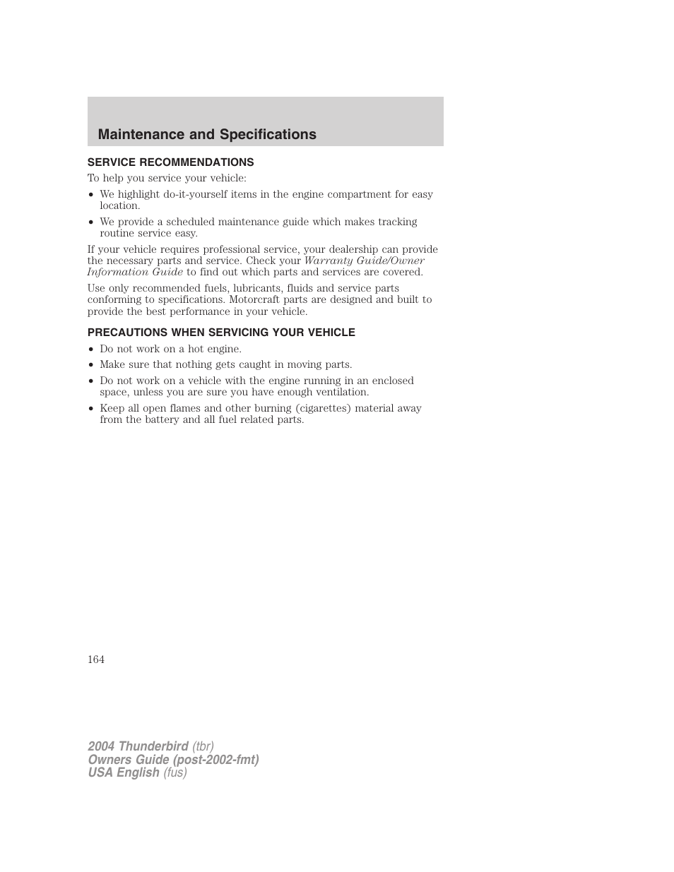 Maintenance and specifications | FORD 2004 Thunderbird v.2 User Manual | Page 164 / 224