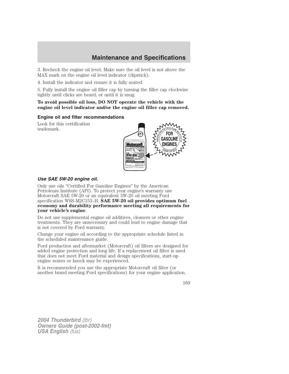 Maintenance and specifications | FORD 2004 Thunderbird v.2 User Manual | Page 169 / 224