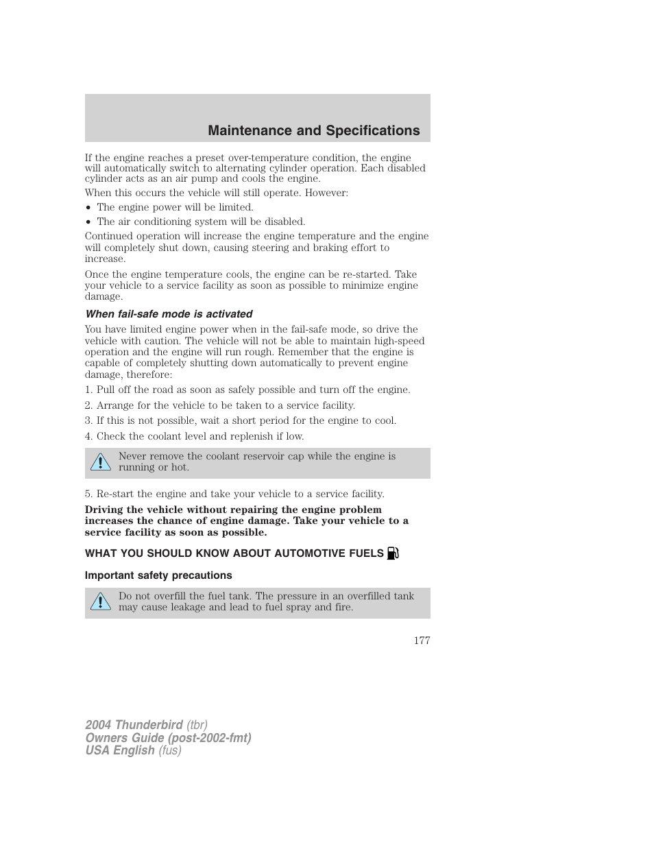 Maintenance and specifications | FORD 2004 Thunderbird v.2 User Manual | Page 177 / 224