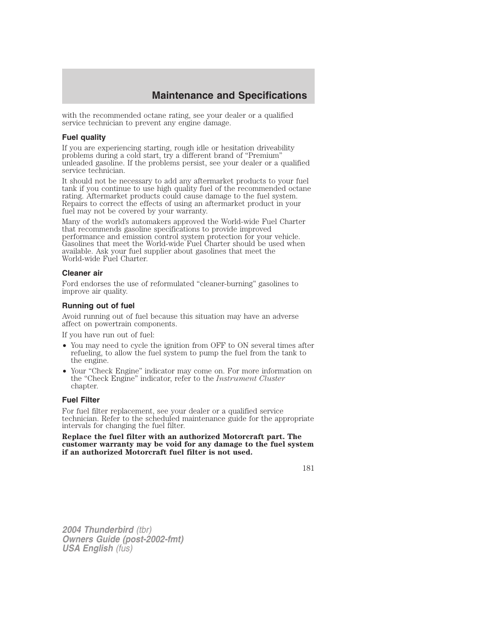 Maintenance and specifications | FORD 2004 Thunderbird v.2 User Manual | Page 181 / 224