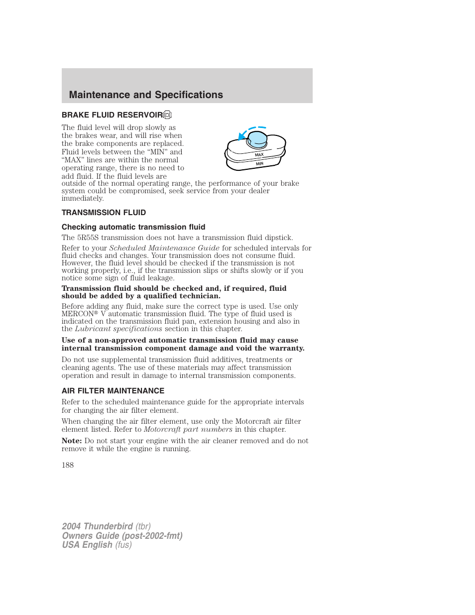 Maintenance and specifications | FORD 2004 Thunderbird v.2 User Manual | Page 188 / 224