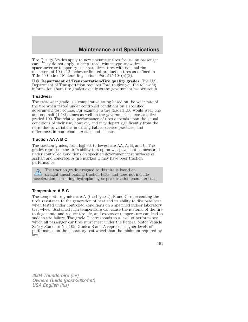 Maintenance and specifications | FORD 2004 Thunderbird v.2 User Manual | Page 191 / 224