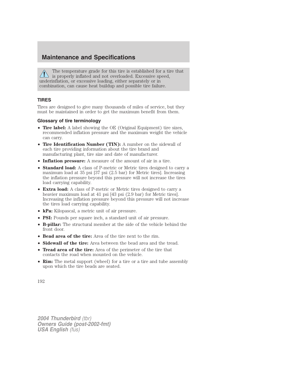 Maintenance and specifications | FORD 2004 Thunderbird v.2 User Manual | Page 192 / 224