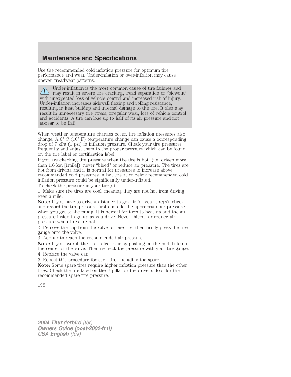 Maintenance and specifications | FORD 2004 Thunderbird v.2 User Manual | Page 198 / 224