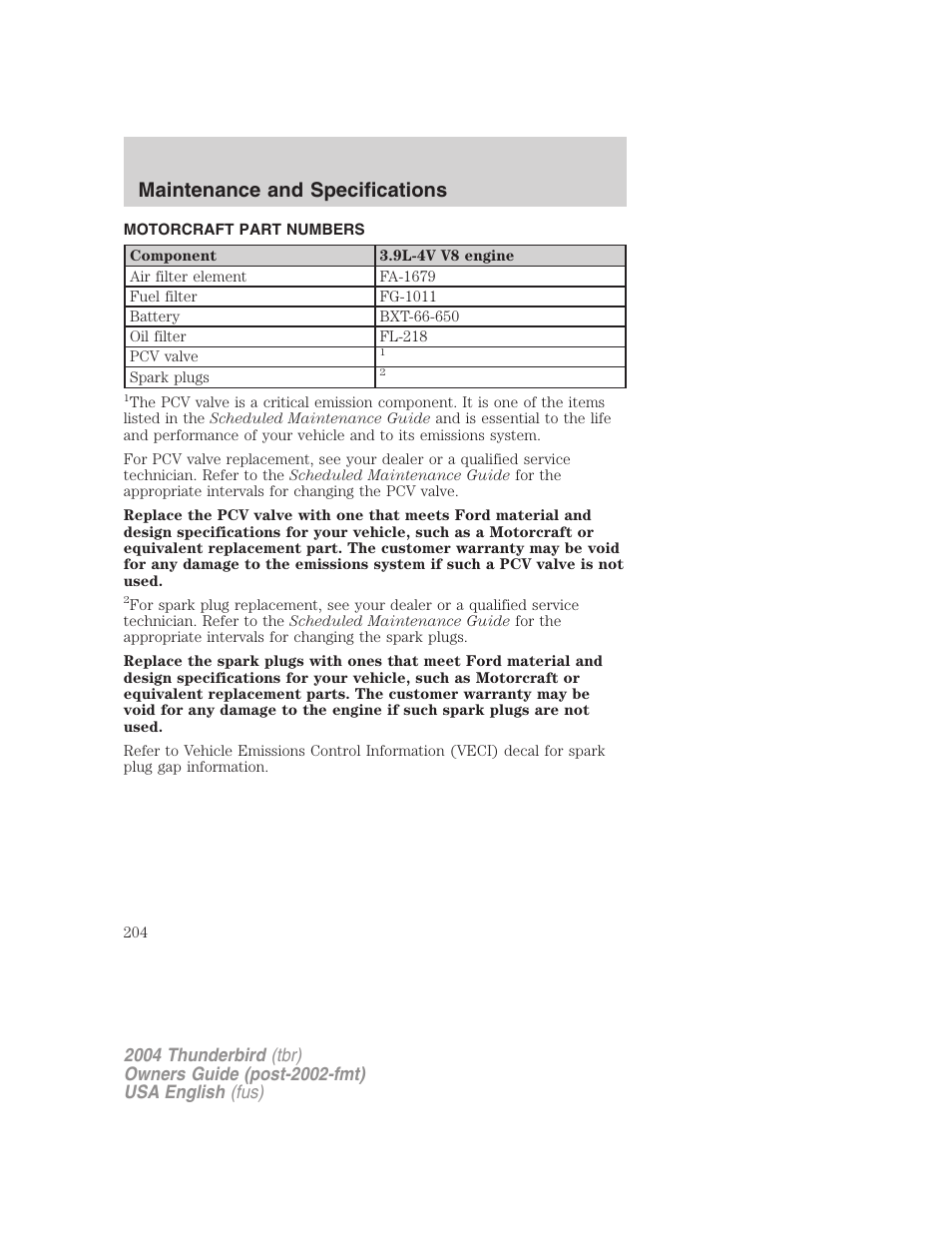 Maintenance and specifications | FORD 2004 Thunderbird v.2 User Manual | Page 204 / 224