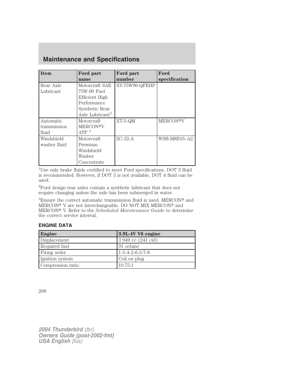 Maintenance and specifications | FORD 2004 Thunderbird v.2 User Manual | Page 208 / 224