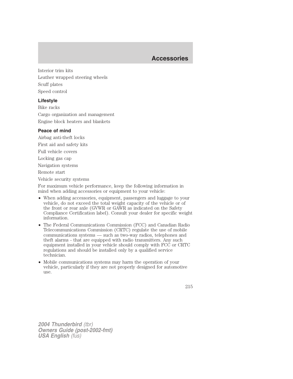 Accessories | FORD 2004 Thunderbird v.2 User Manual | Page 215 / 224