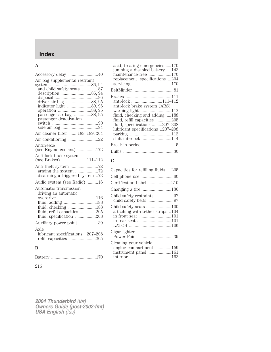 Index | FORD 2004 Thunderbird v.2 User Manual | Page 216 / 224