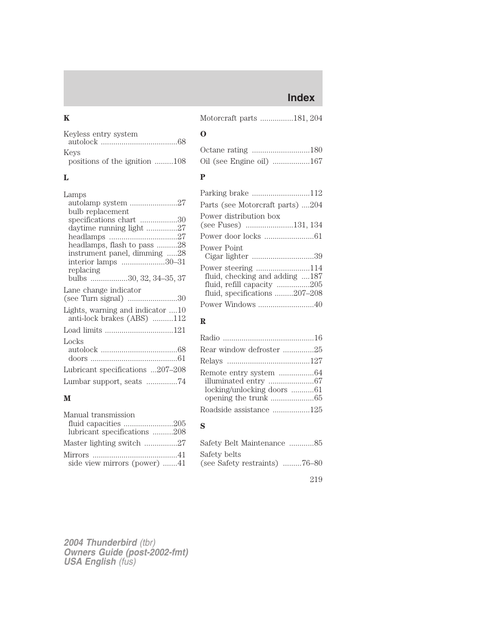 Index | FORD 2004 Thunderbird v.2 User Manual | Page 219 / 224