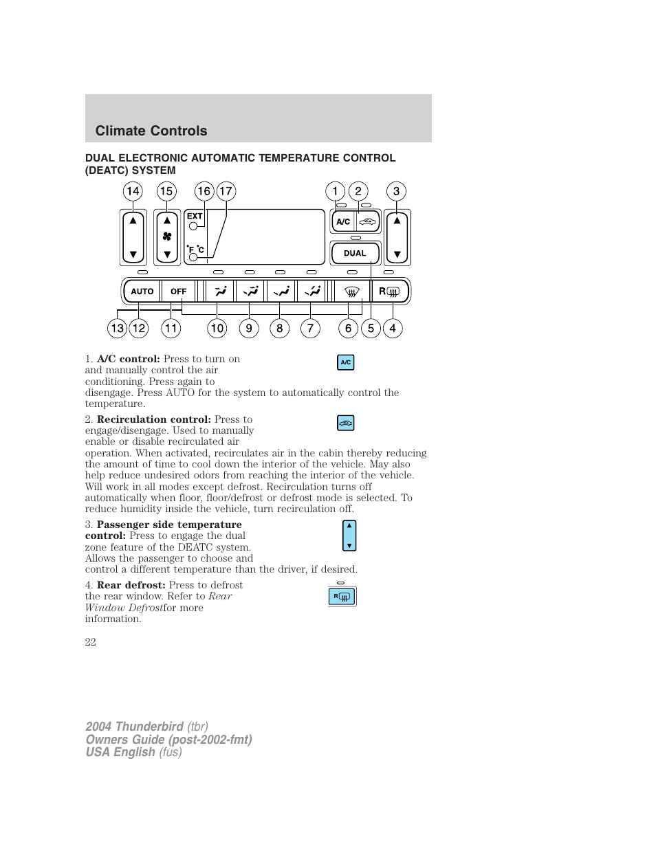 Climate controls | FORD 2004 Thunderbird v.2 User Manual | Page 22 / 224
