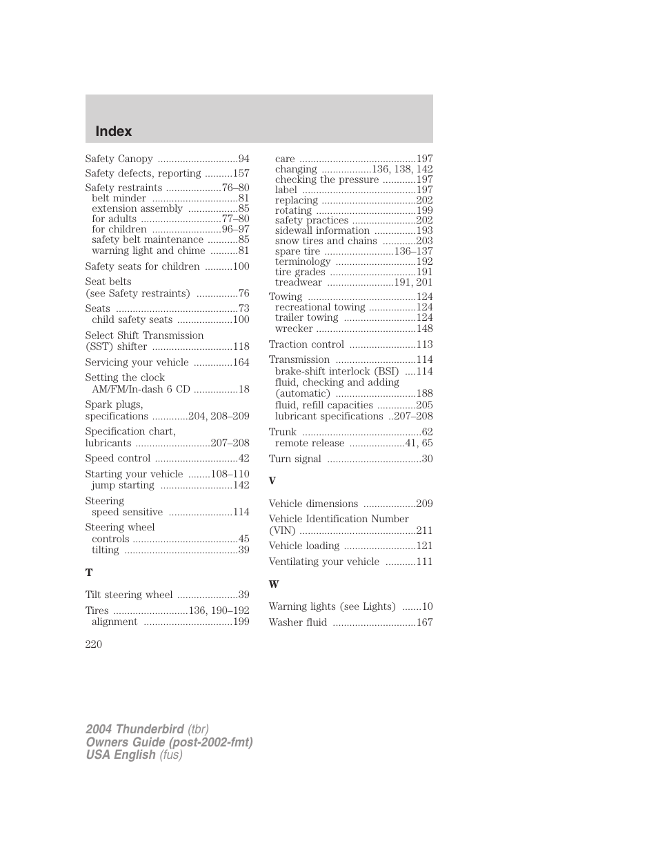 Index | FORD 2004 Thunderbird v.2 User Manual | Page 220 / 224