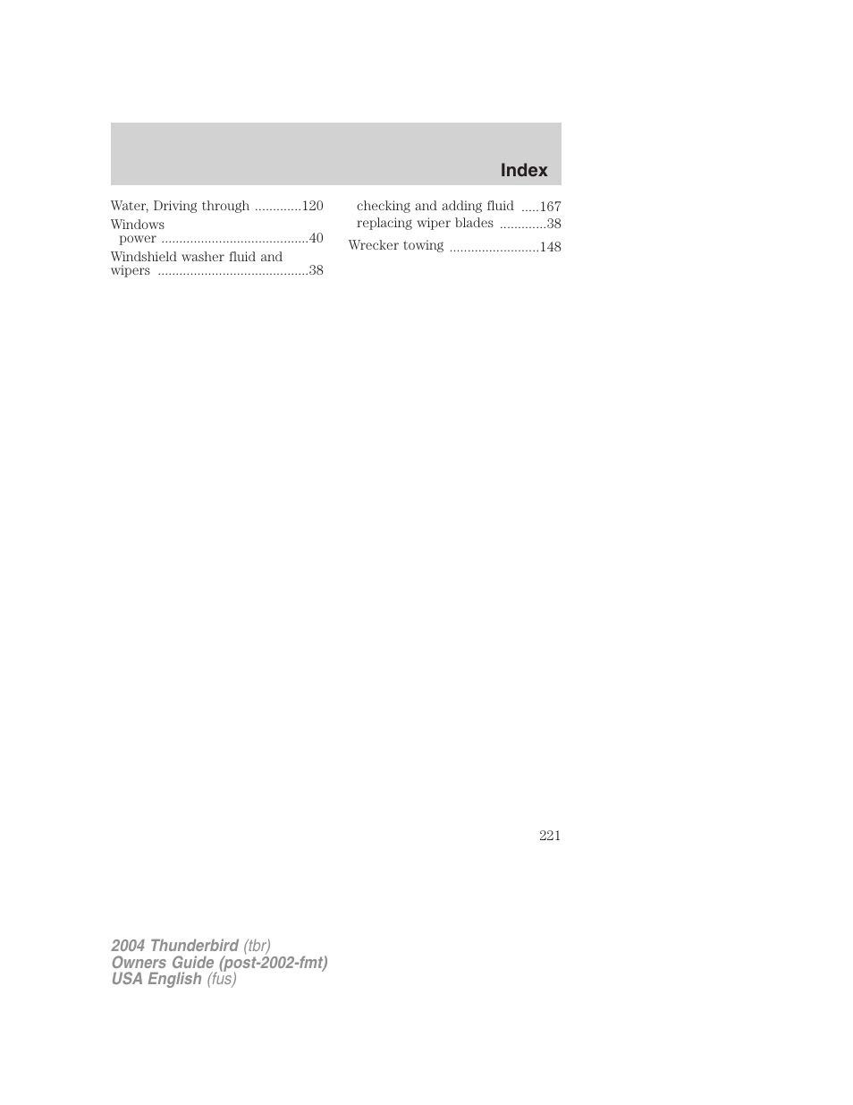 Index | FORD 2004 Thunderbird v.2 User Manual | Page 221 / 224