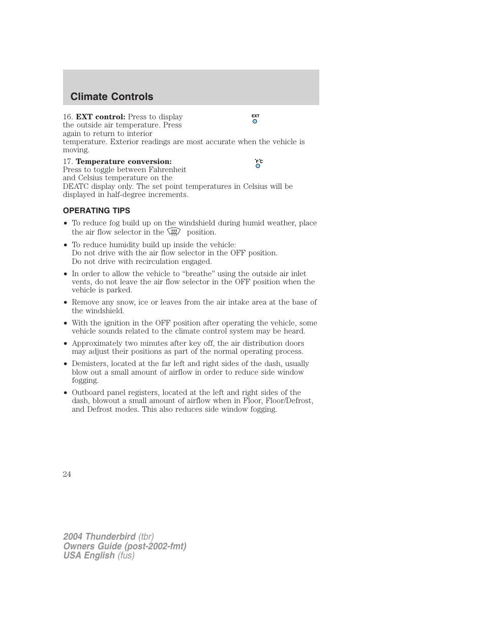 Climate controls | FORD 2004 Thunderbird v.2 User Manual | Page 24 / 224
