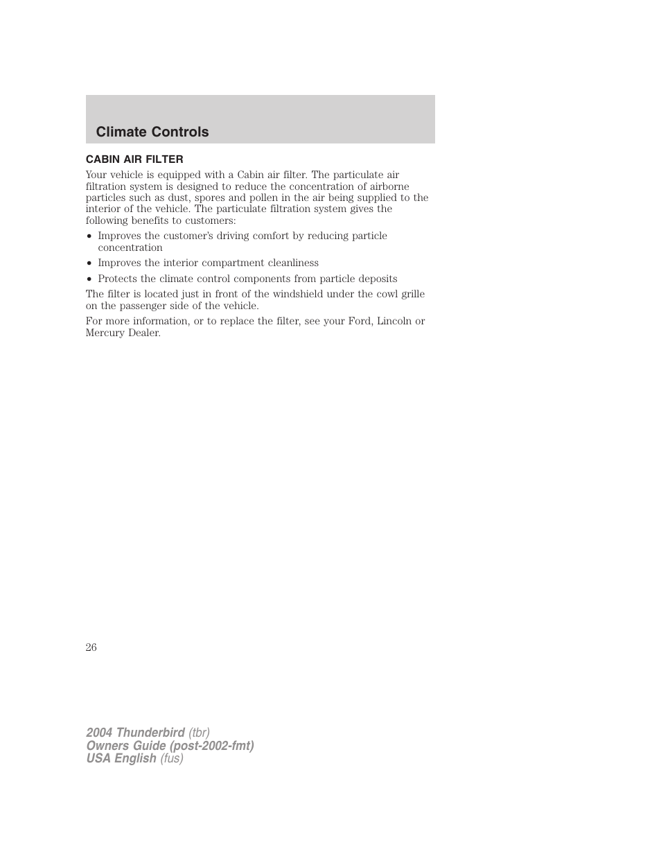 Climate controls | FORD 2004 Thunderbird v.2 User Manual | Page 26 / 224