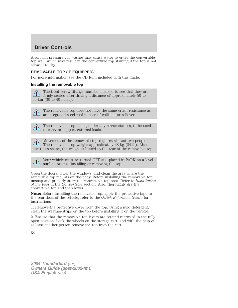 Driver controls | FORD 2004 Thunderbird v.2 User Manual | Page 54 / 224