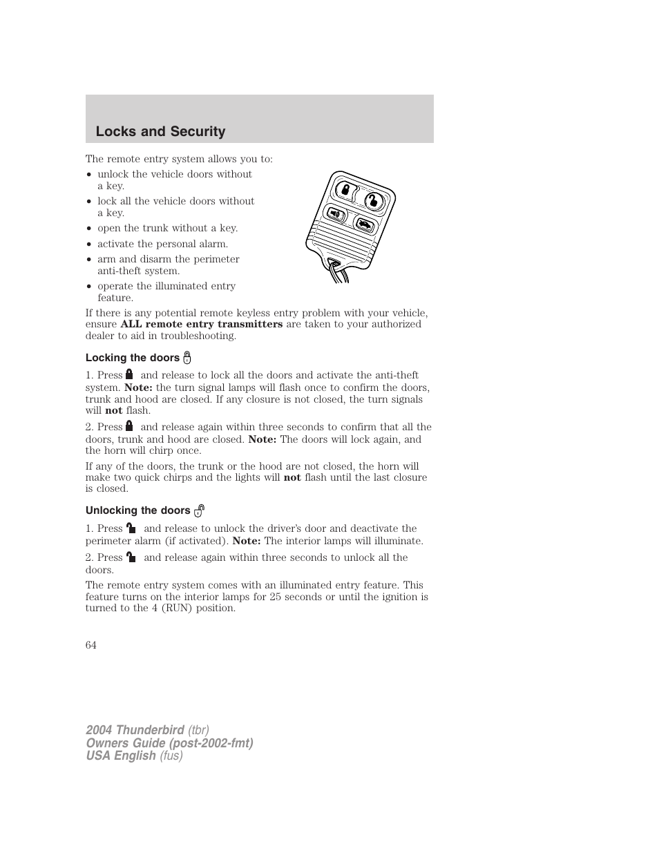 Locks and security | FORD 2004 Thunderbird v.2 User Manual | Page 64 / 224