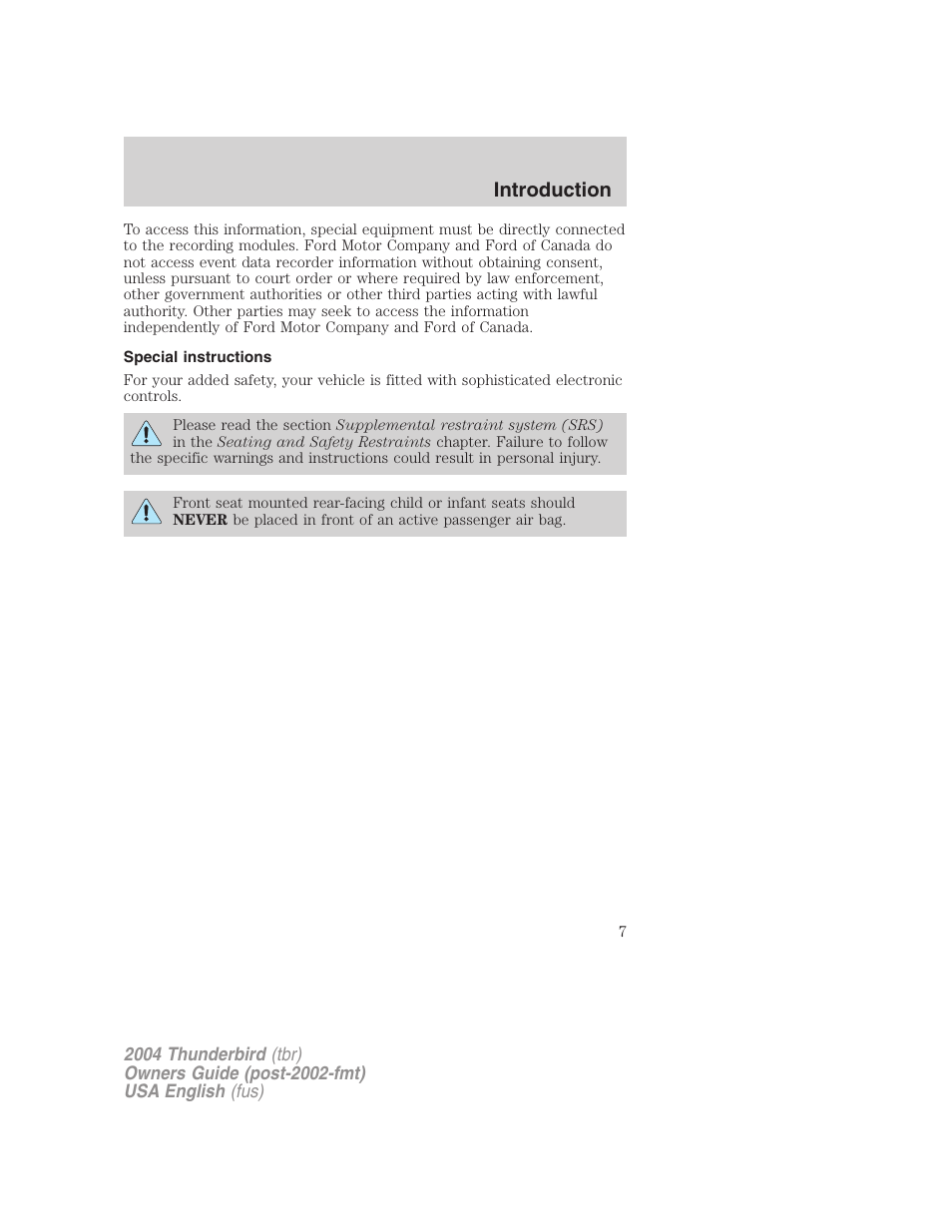 Introduction | FORD 2004 Thunderbird v.2 User Manual | Page 7 / 224