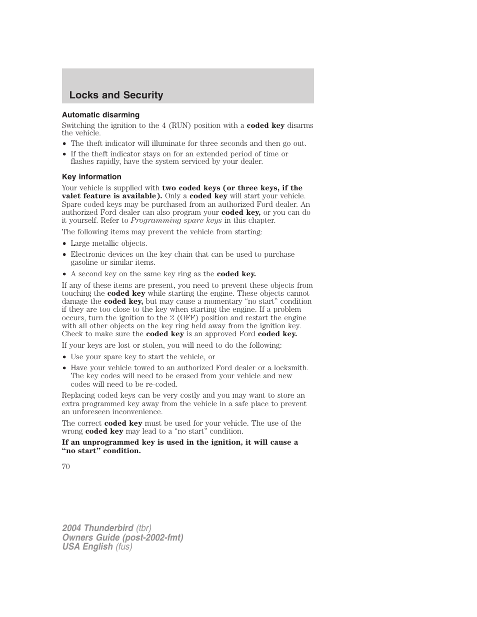 Locks and security | FORD 2004 Thunderbird v.2 User Manual | Page 70 / 224