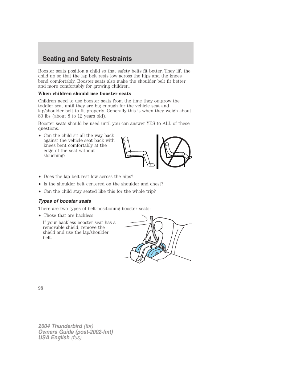 Seating and safety restraints | FORD 2004 Thunderbird v.2 User Manual | Page 98 / 224