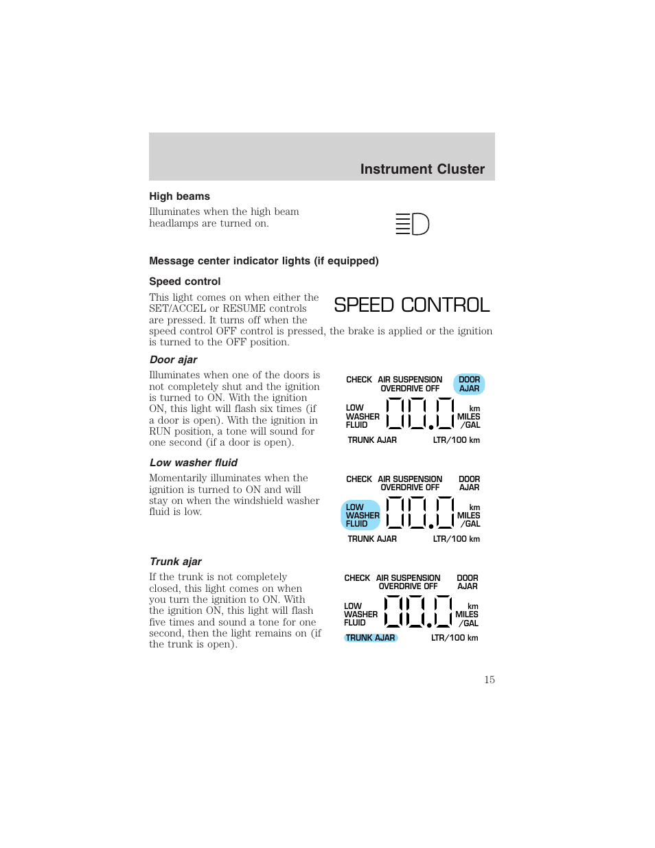 Speed control, Instrument cluster | FORD 2003 Crown Victoria v.1 User Manual | Page 15 / 232