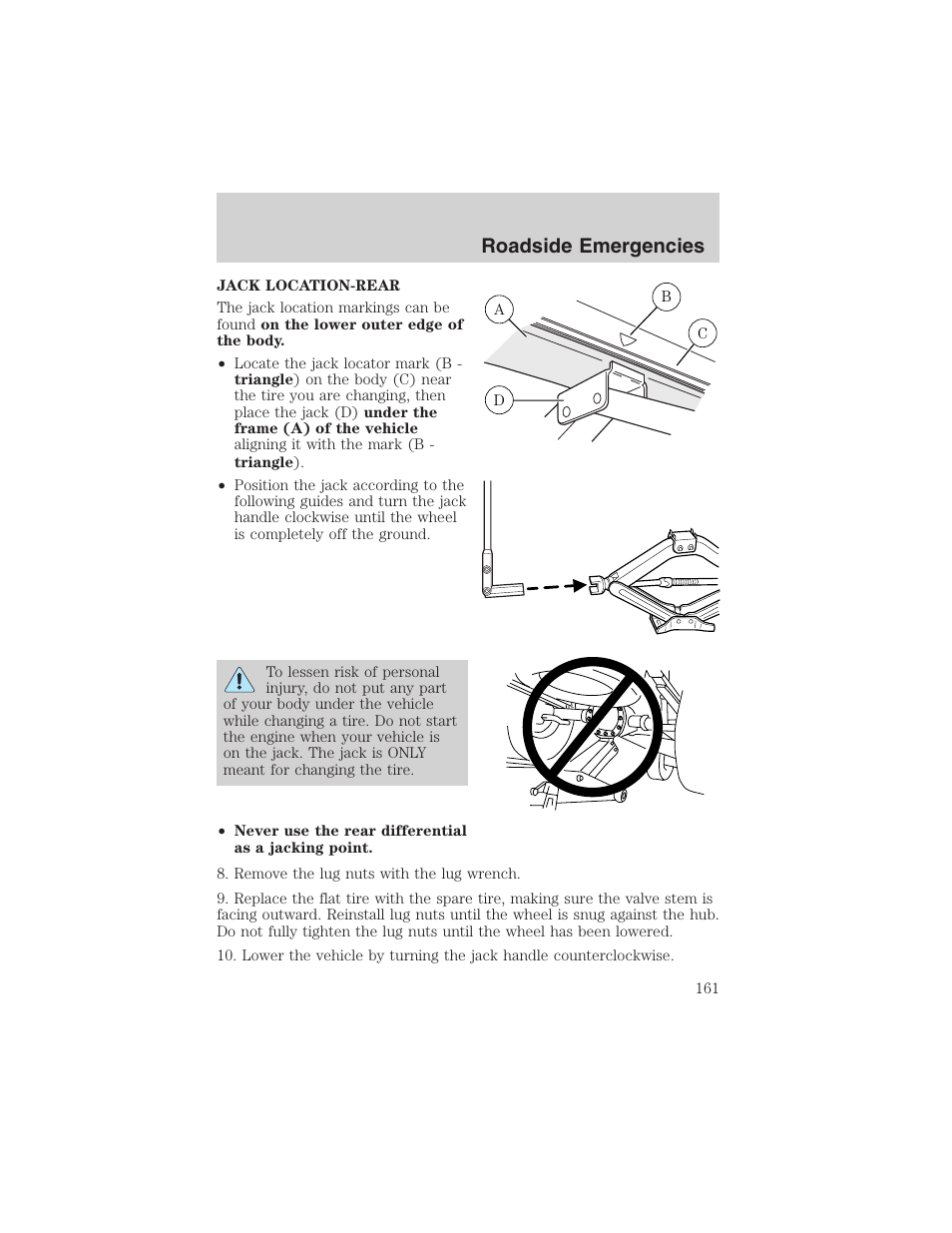 Roadside emergencies | FORD 2003 Crown Victoria v.1 User Manual | Page 161 / 232