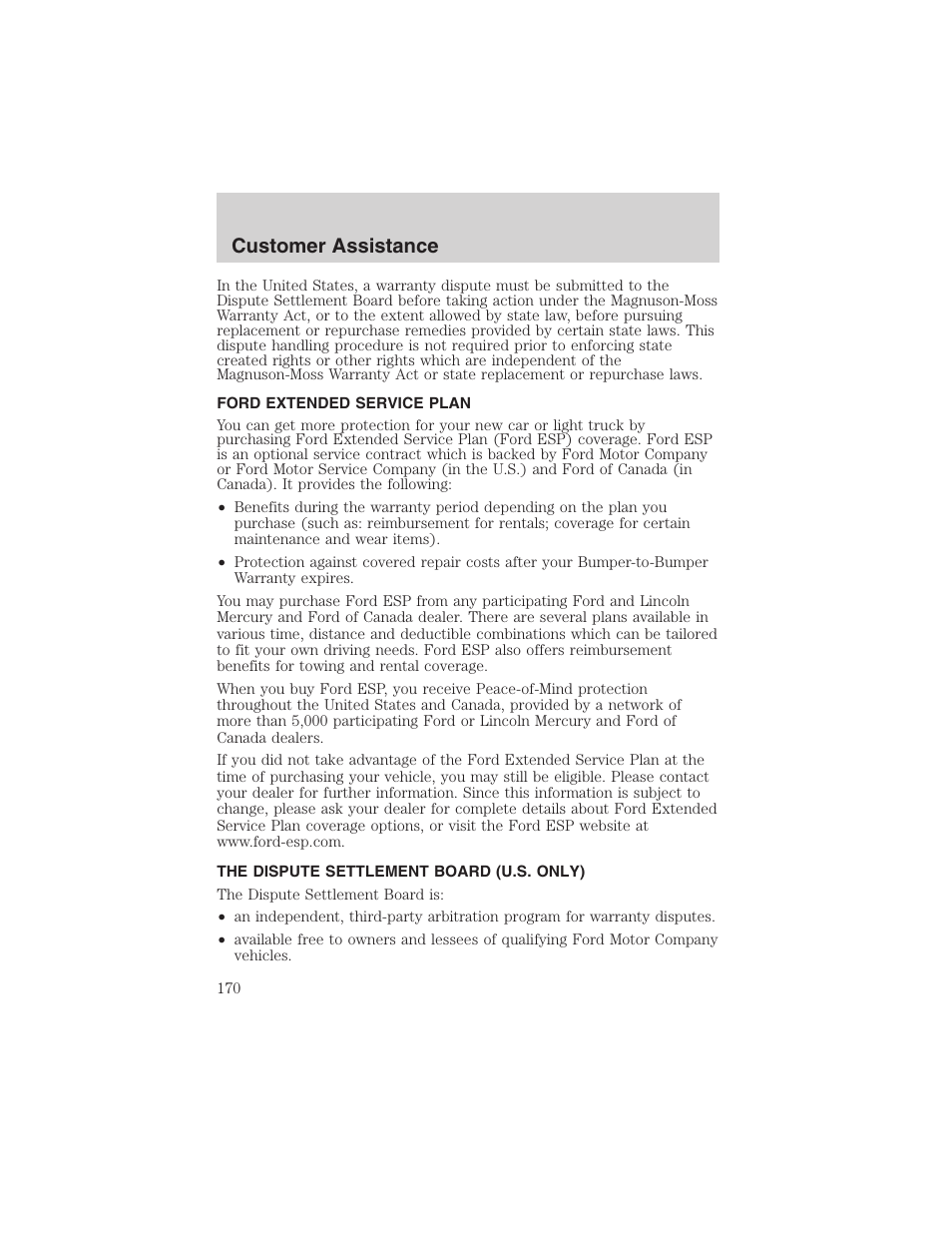 Customer assistance | FORD 2003 Crown Victoria v.1 User Manual | Page 170 / 232