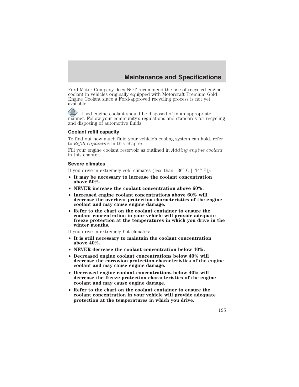 Maintenance and specifications | FORD 2003 Crown Victoria v.1 User Manual | Page 195 / 232